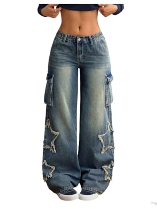 Denim - WDIRARA Women's Baggy Wide Leg Cargo Jeans Star Raw Hem Low Rise Denim Pants